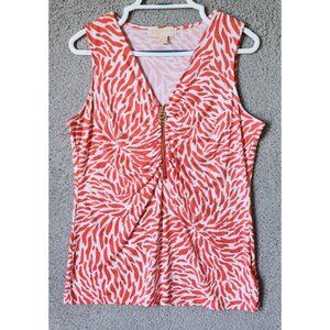 Michael Kors Women's Sleeveless Zipper V-Neck Blouse Top Pink Printed Stretch XL